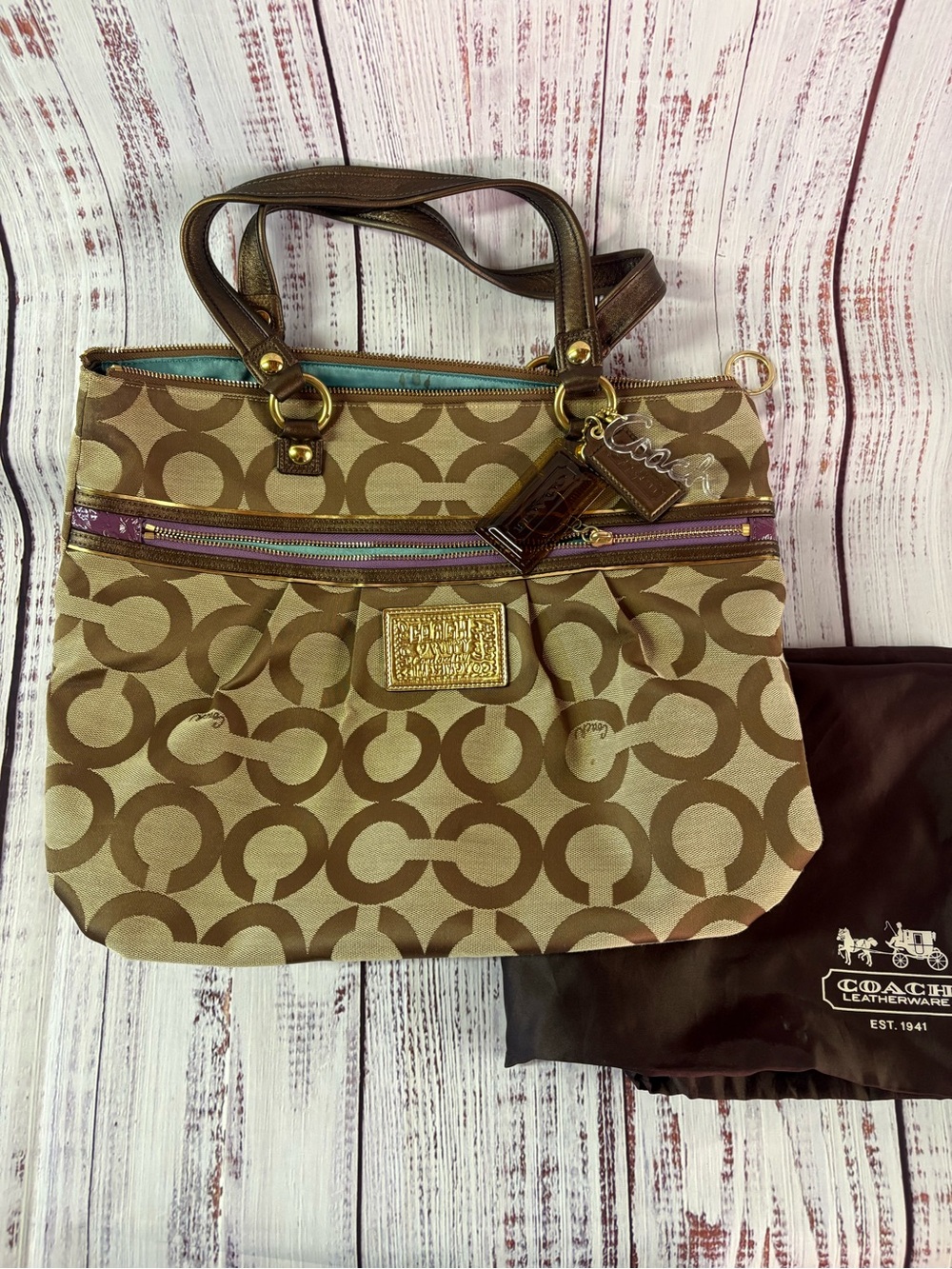 Coach Tan and Brown Signature Tote with Purple Zip Accent